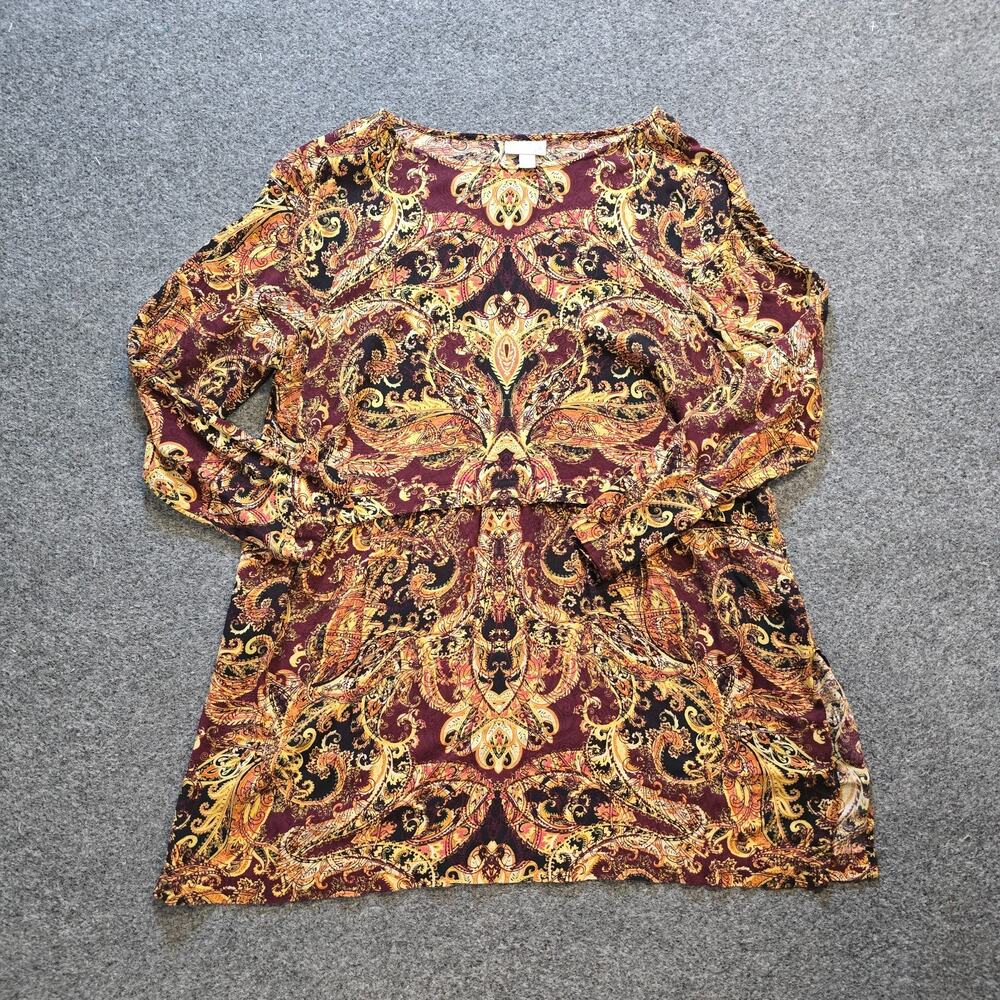 J Jill Top Women Size Large Brown Yellow Paisley Tunic Long Sleeve Career Casual